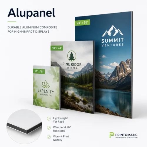 Custom Alupanel signs printed in full colour on durable aluminum composite panels for professional indoor and outdoor signage by Printomatic.