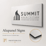 Custom Alupanel signs printed in full colour on durable aluminum composite panels for indoor and outdoor signage by Printomatic.