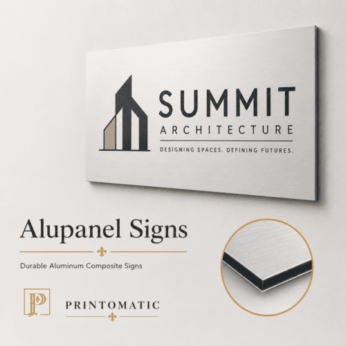 Custom Alupanel signs printed in full colour on durable aluminum composite panels for indoor and outdoor signage by Printomatic.