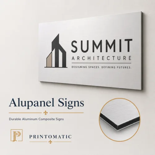 Custom Alupanel signs printed in full colour on durable aluminum composite panels for indoor and outdoor signage by Printomatic.