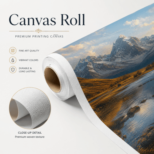 Custom canvas roll printed in full colour on high-quality canvas material for artwork, photography, and decorative displays by Printomatic.