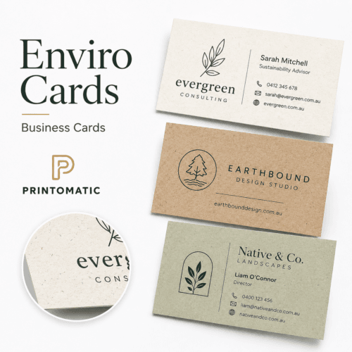 Custom enviro business cards printed on eco-friendly stock with a natural, professional finish by Printomatic.