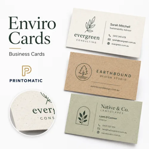 Custom enviro business cards printed on eco-friendly stock with a natural, professional finish by Printomatic.