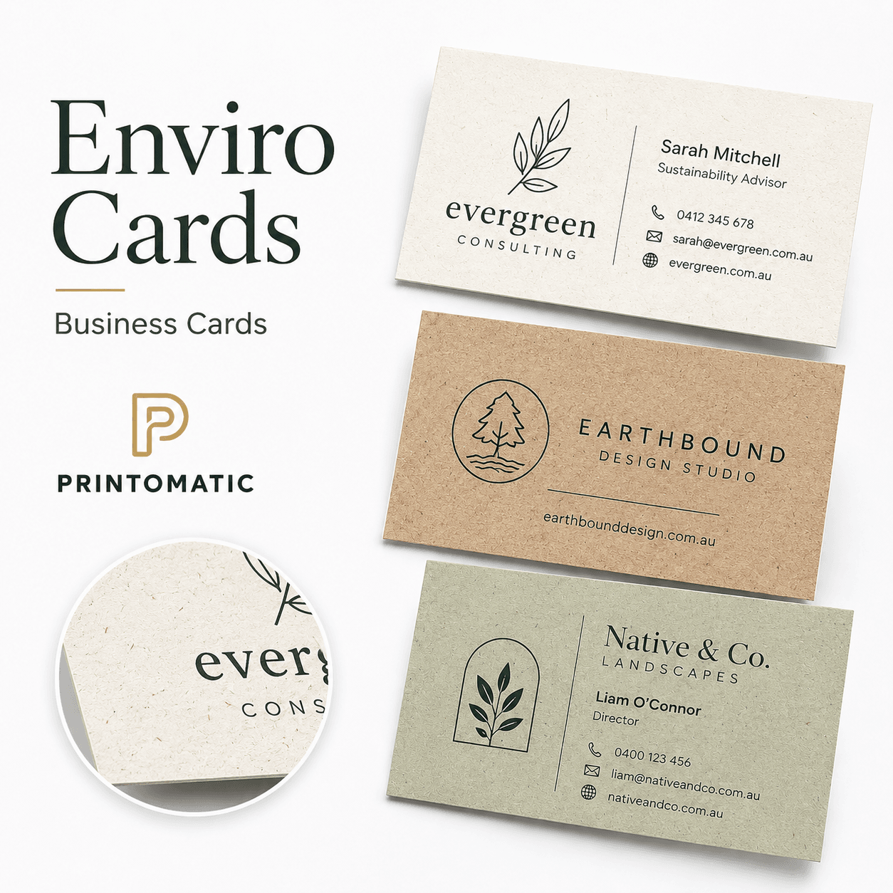 Custom Enviro Business Cards Printing | Printomatic Custom enviro business cards printed on eco-friendly stock with a natural, professional finish by Printomatic.