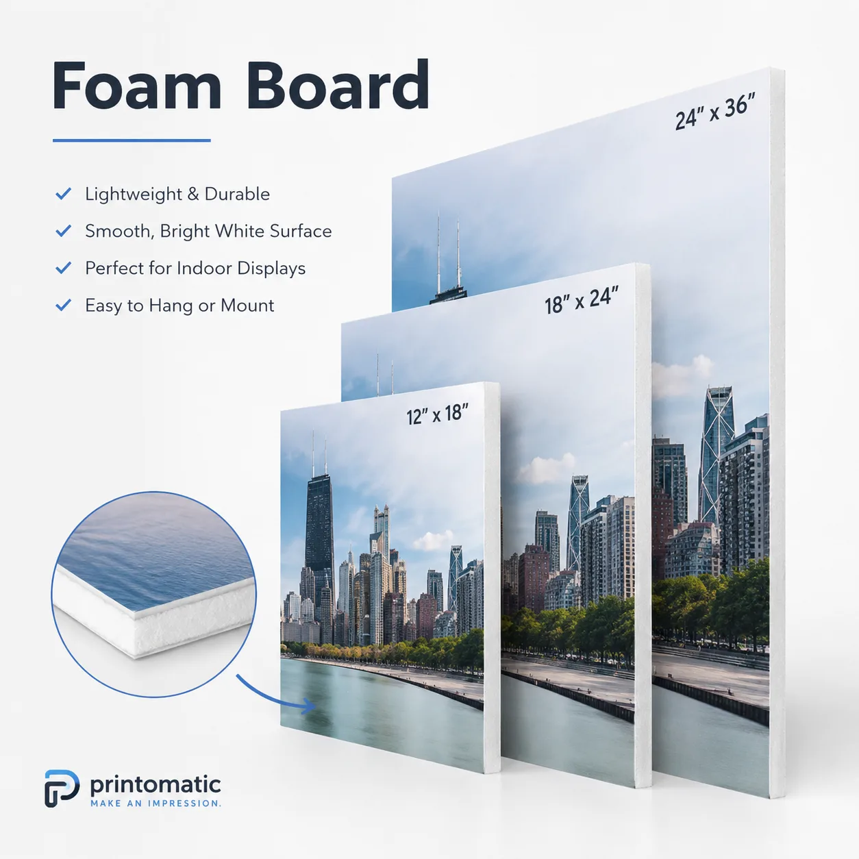Custom Foam Board Signs Printing | Printomatic Custom foam board signs printed in full colour on lightweight rigid board for indoor displays by Printomatic.