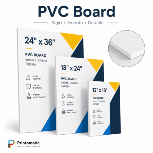 Custom PVC signs printed in full colour on durable rigid plastic board for indoor and outdoor signage by Printomatic.