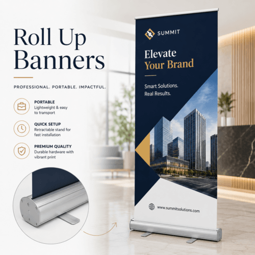 Custom roll up banners printed in vibrant full colour with a retractable display stand for events and business promotions by Printomatic.