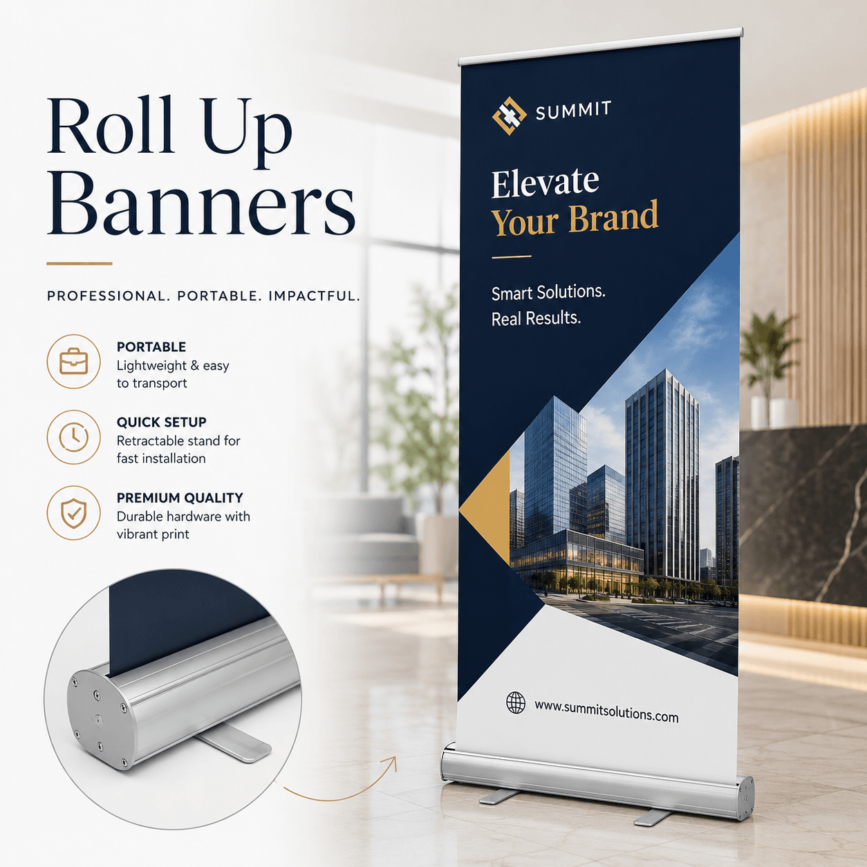 Custom roll up banners printed in vibrant full colour with a retractable display stand for events and business promotions by Printomatic.