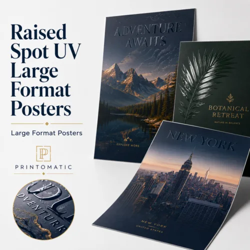 Custom Spot UV poster printing with glossy raised highlights on selected design areas by Printomatic.