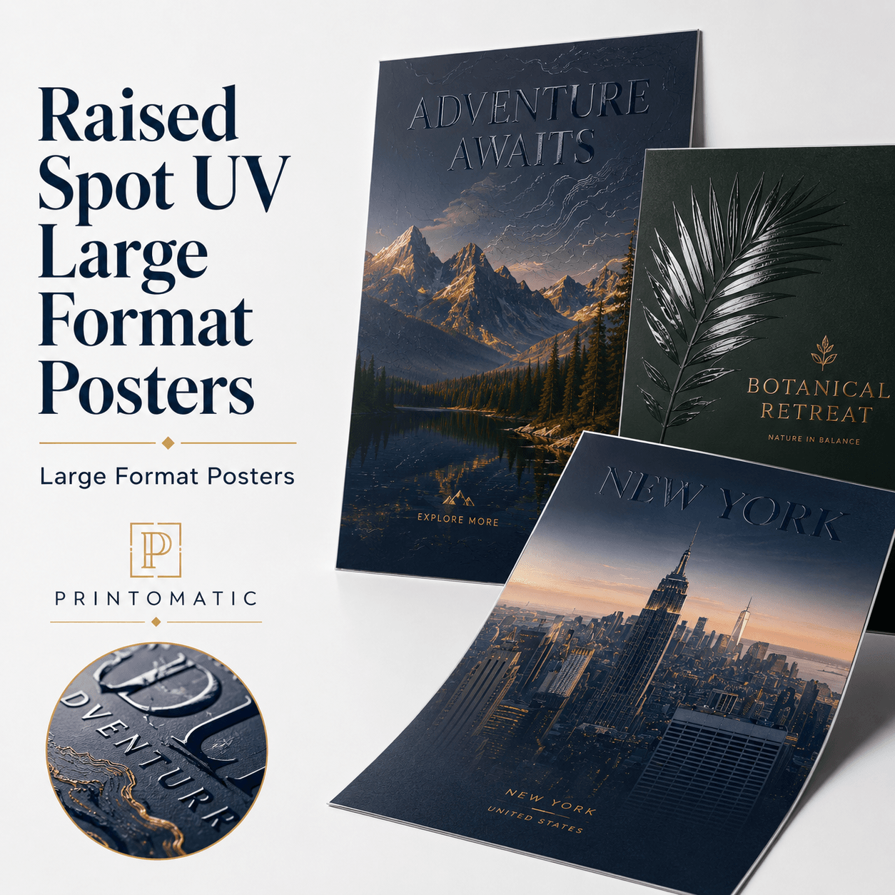 Custom Spot UV poster printing with glossy raised highlights on selected design areas by Printomatic.