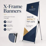 Custom X-frame banner printed in vibrant full colour with a lightweight portable X-banner stand for indoor promotions by Printomatic.