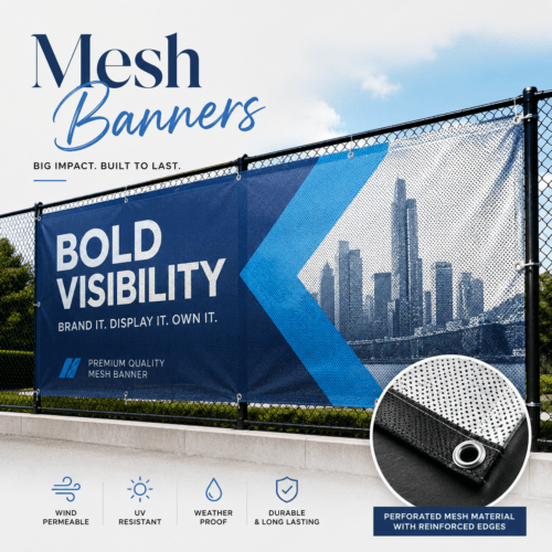 Custom mesh banners printed in full colour on durable perforated material for outdoor advertising and fence displays by Printomatic.