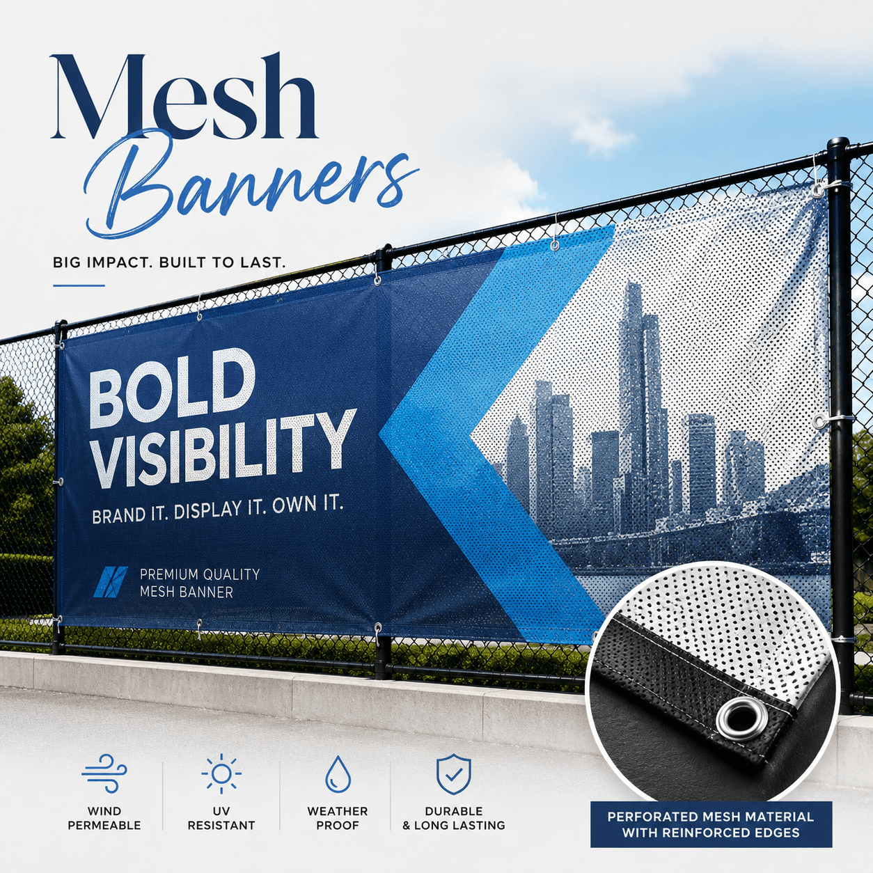 Custom mesh banners printed in full colour on durable perforated material for outdoor advertising and fence displays by Printomatic.