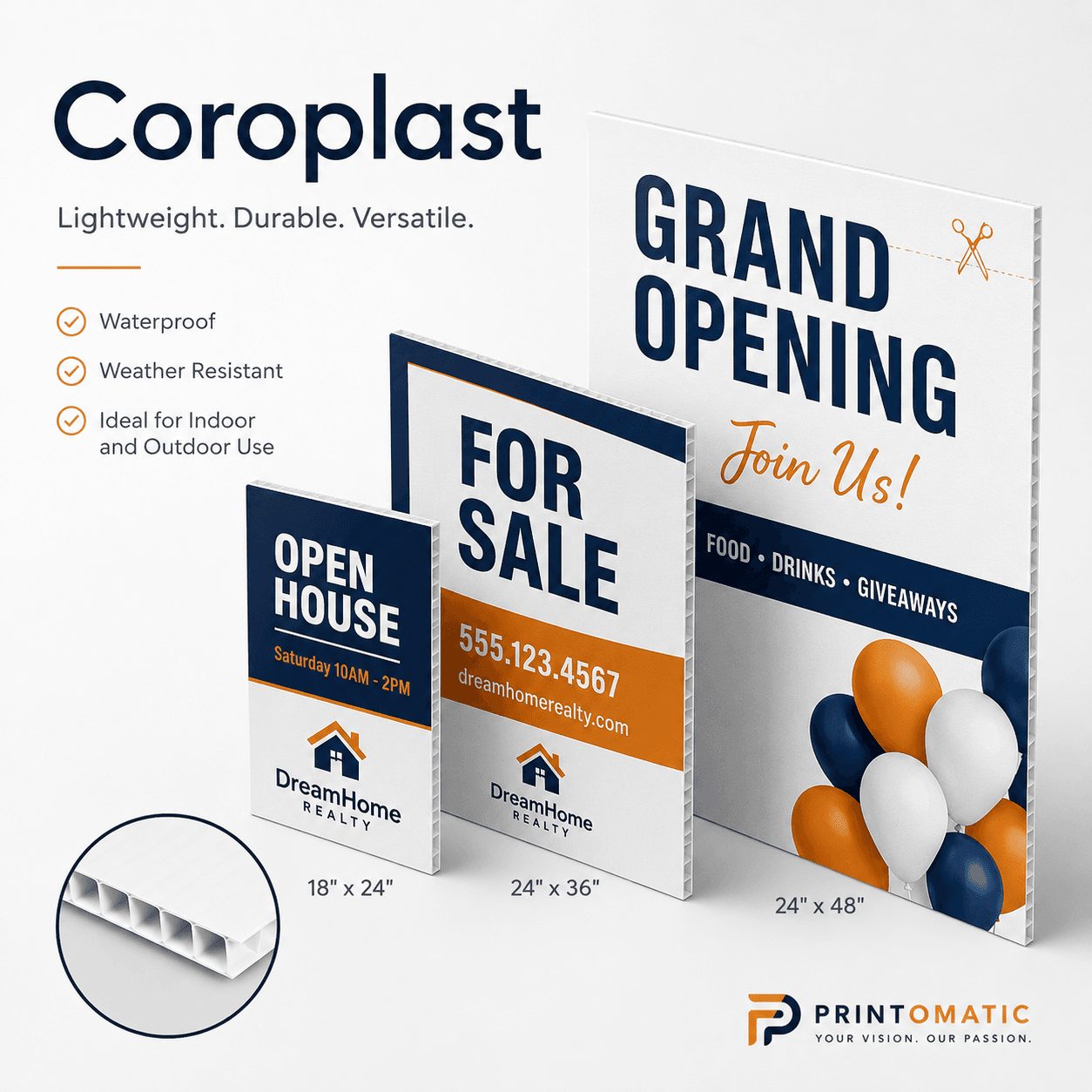 Custom Coroplast Signs Printing | Printomatic Custom Coroplast signs printed in full colour on lightweight corrugated plastic for indoor and outdoor signage by Printomatic.