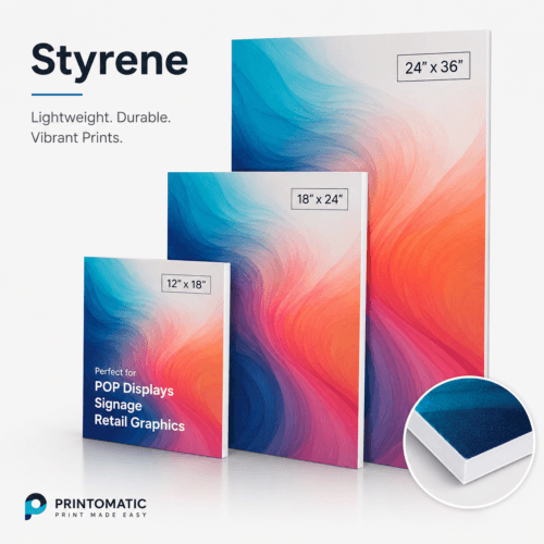 Custom styrene signs printed in full colour on lightweight, smooth plastic material for professional indoor displays by Printomatic.