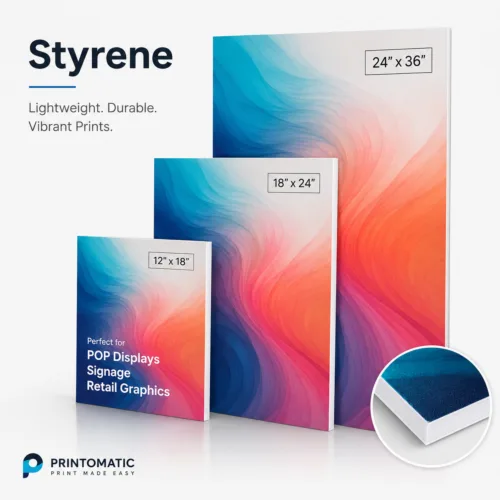 Custom styrene signs printed in full colour on lightweight, smooth plastic material for professional indoor displays by Printomatic.