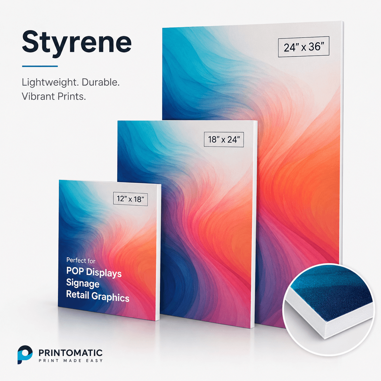 Custom styrene signs printed in full colour on lightweight, smooth plastic material for professional indoor displays by Printomatic.