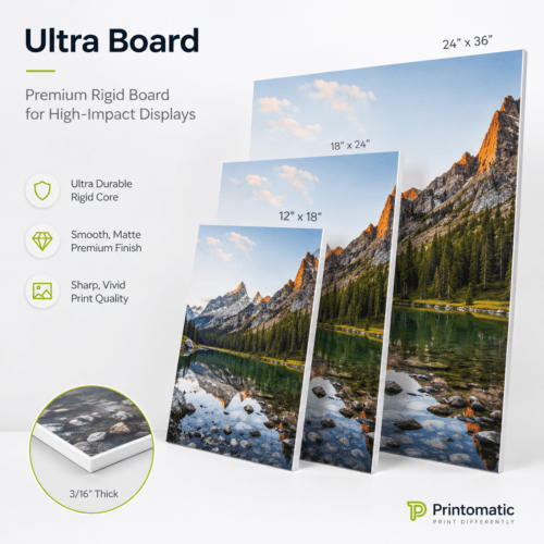 Custom Ultra Board signs printed in full colour on thick, lightweight rigid board for professional indoor displays by Printomatic.