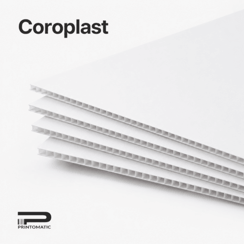 Custom Coroplast signs printed in full colour on lightweight corrugated plastic for indoor and outdoor signage by Printomatic.