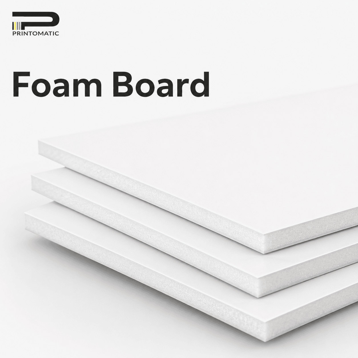 Custom foam board signs printed in vibrant full colour on lightweight rigid foam board for indoor displays by Printomatic.