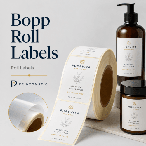 Custom BOPP roll labels printed in full colour on durable moisture-resistant material by Printomatic.
