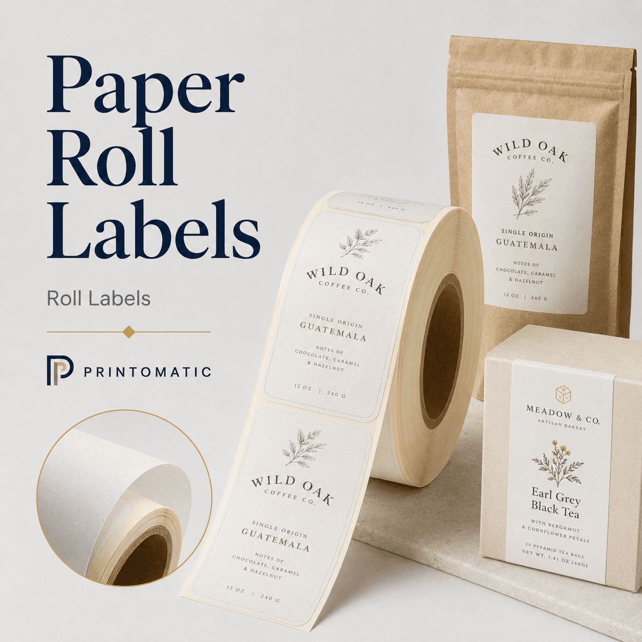 Custom paper roll labels printed in full colour on smooth adhesive paper for product packaging by Printomatic.