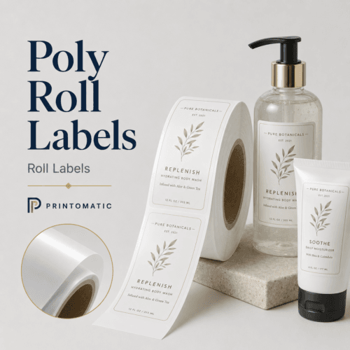 Custom poly roll labels printed in full colour on durable water-resistant film for product packaging by Printomatic.
