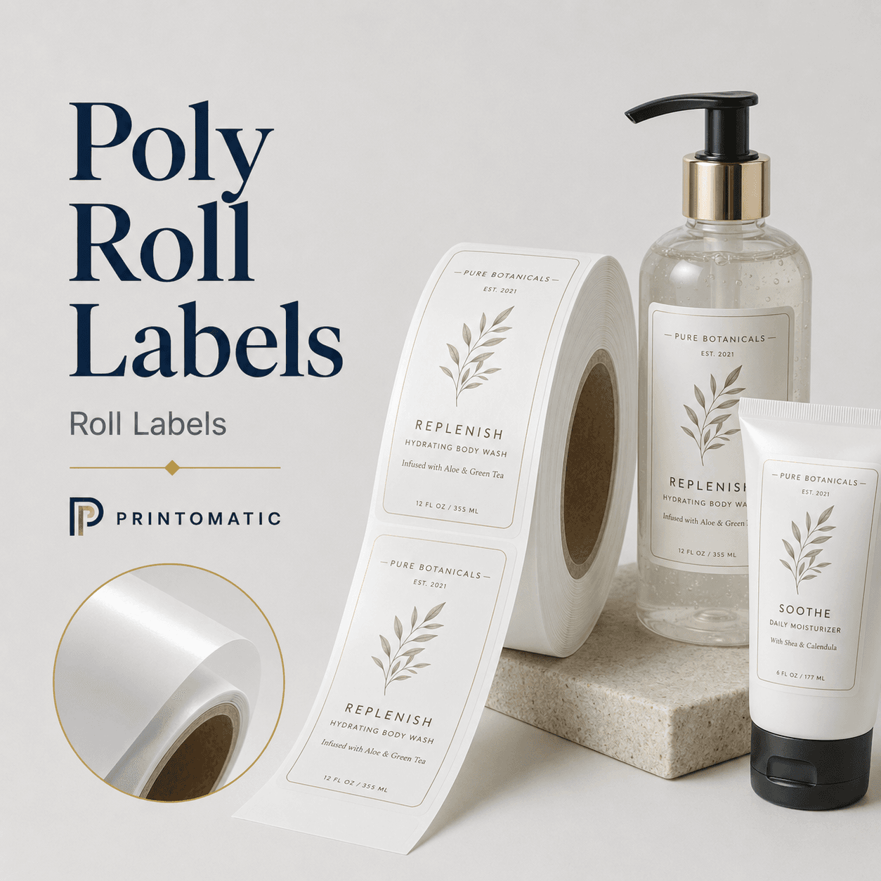 Custom poly roll labels printed in full colour on durable water-resistant film for product packaging by Printomatic.
