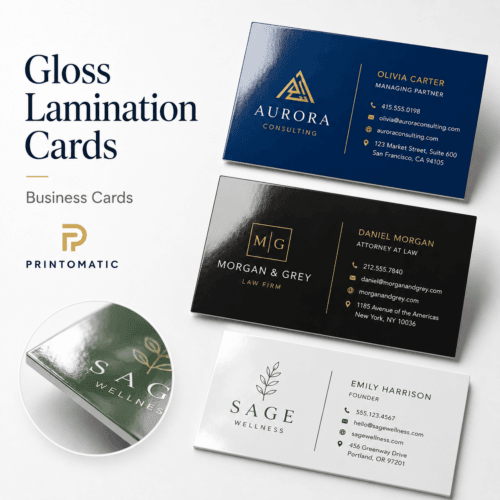 Custom gloss laminated business cards with a shiny protective finish and vibrant full-colour printing by Printomatic.