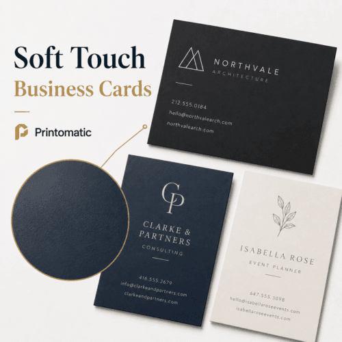 Custom soft touch velvet business cards with a smooth premium finish and vibrant full-colour printing by Printomatic.