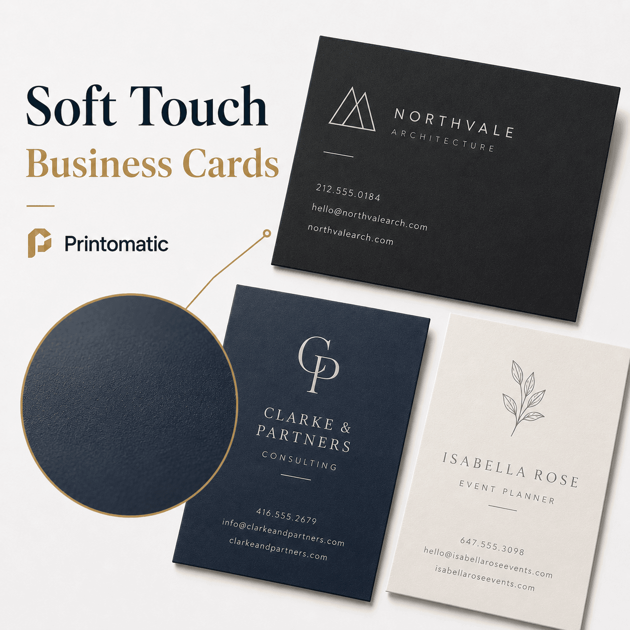 Custom Soft Touch Velvet Business Cards Printing | Printomatic Custom soft touch velvet business cards with a smooth premium finish and vibrant full-colour printing by Printomatic.