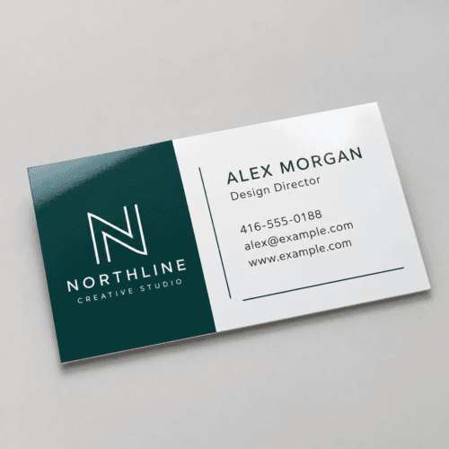 Custom gloss laminated business cards with a shiny protective finish and vibrant full-colour printing by Printomatic.