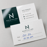Custom writable UV gloss business cards with one-sided glossy UV coating and an uncoated writable back by Printomatic.
