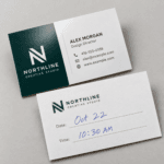 Custom writable AQ business cards with one-sided aqueous coating and an uncoated writable back by Printomatic.