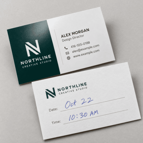 Custom writable AQ business cards with one-sided aqueous coating and an uncoated writable back by Printomatic.