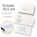 Custom writable AQ business cards with one-sided aqueous coating and an uncoated writable back by Printomatic.