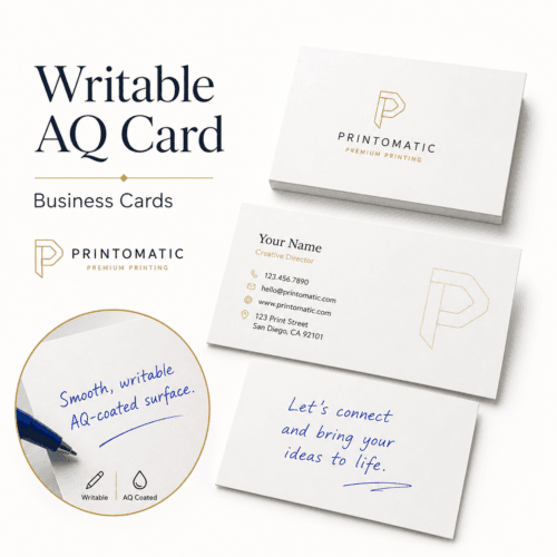 Custom writable AQ business cards with one-sided aqueous coating and an uncoated writable back by Printomatic.