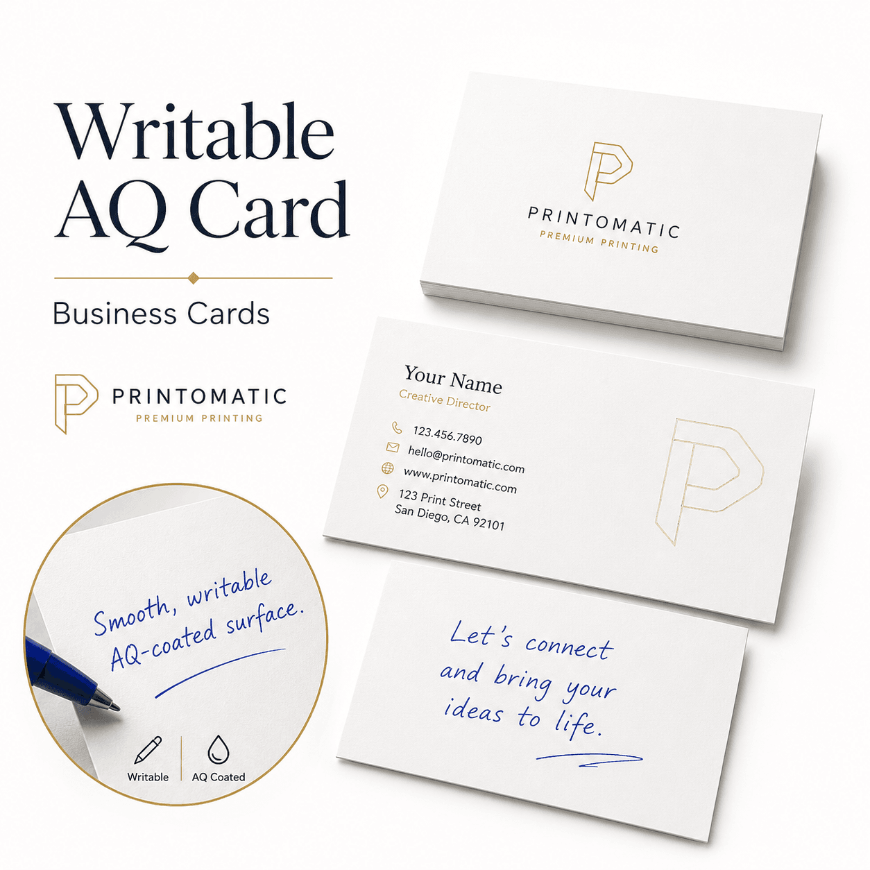 Custom Writable AQ Business Cards Printing | Printomatic Custom writable AQ business cards with one-sided aqueous coating and an uncoated writable back by Printomatic.