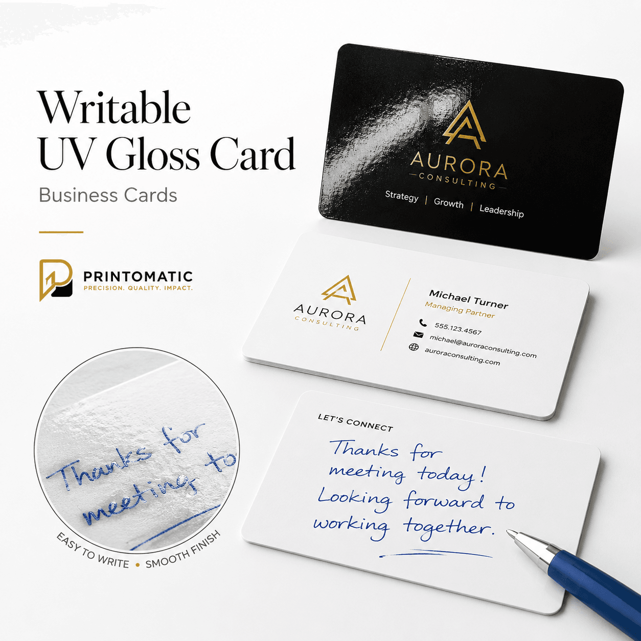 Custom Writable UV Gloss Business Cards Printing | Printomatic Custom writable UV gloss business cards with one-sided glossy UV coating and an uncoated writable back by Printomatic.