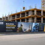 Custom outdoor billboard printed in full colour for construction site fencing and large-scale outdoor advertising by Printomatic.
