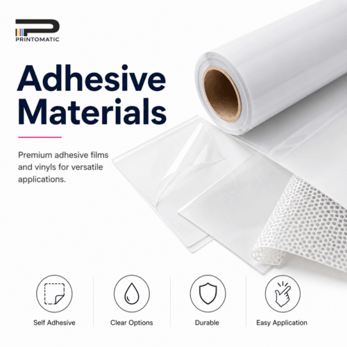 Custom adhesive materials printed in vibrant full colour for decals, wall graphics, window graphics, labels, and promotional applications by Printomatic.