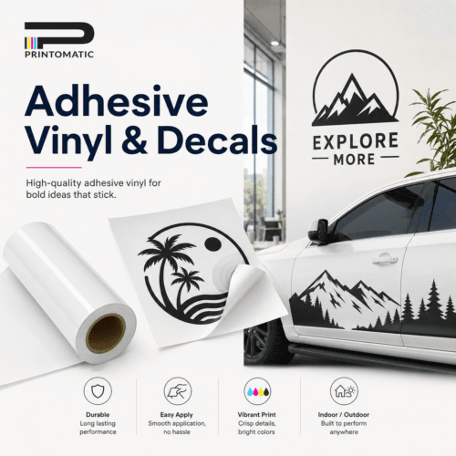 Custom adhesive vinyl and decals printed in vibrant full colour for walls, windows, signs, vehicles, and promotional displays by Printomatic.