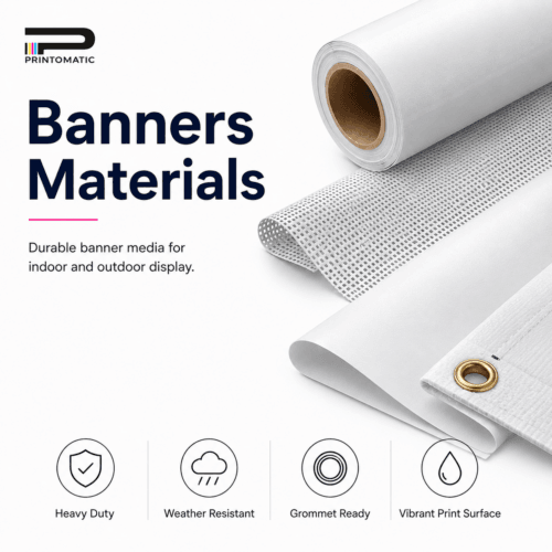 Custom banner materials printed in vibrant full colour for indoor and outdoor banners, event displays, and promotional signage by Printomatic.