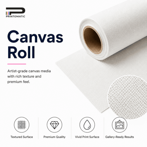 Custom canvas roll material printed in vibrant full colour for artwork, photography, wall décor, and display graphics by Printomatic.