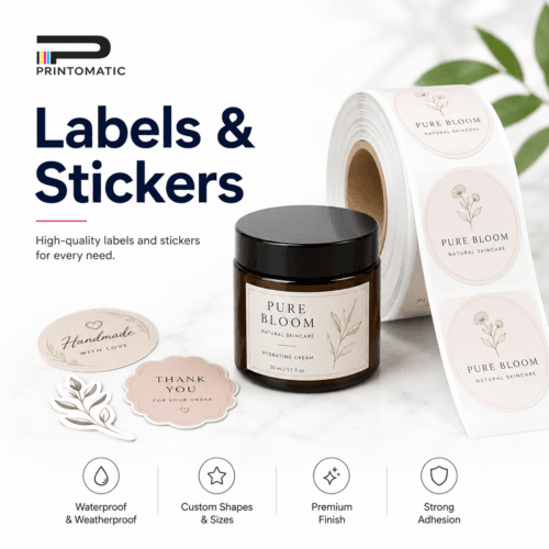 Custom labels and stickers printed in vibrant full colour for product packaging, branding, promotions, and business use by Printomatic.