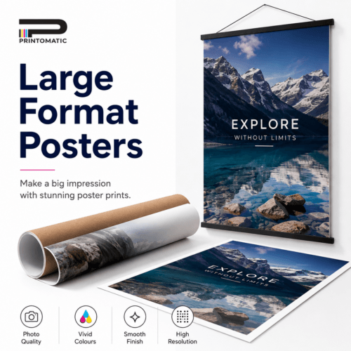 Custom large format posters printed in vibrant full colour for promotions, events, retail displays, and indoor advertising by Printomatic.