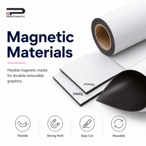 Custom magnetic materials printed in vibrant full colour for vehicle magnets, removable signs, business promotions, and advertising by Printomatic.