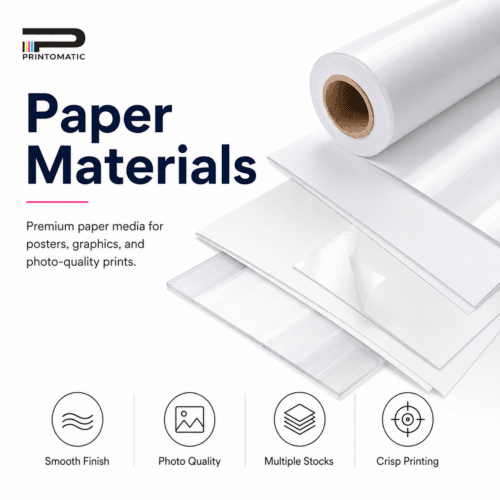 Custom paper materials printed in vibrant full colour for posters, flyers, signs, displays, packaging, and promotional products by Printomatic.