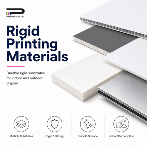 Custom rigid printing materials printed in vibrant full colour for signs, displays, panels, and indoor or outdoor advertising by Printomatic.