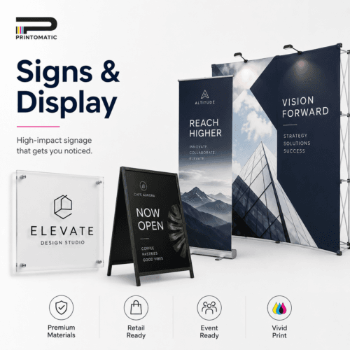 Custom signs and displays printed in vibrant full colour for business signage, retail displays, events, and promotional advertising by Printomatic.